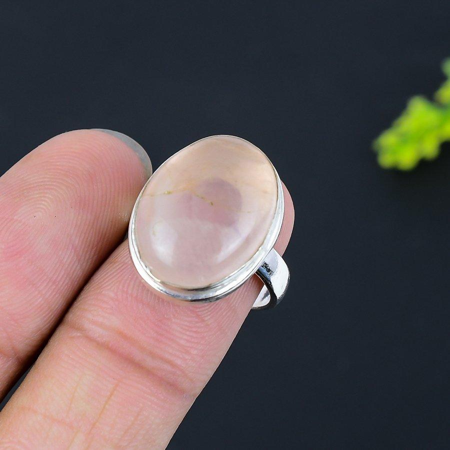 Rosenquarz Edelstein Handgefertigt 925 Sterlingsilber Geschenk Schmuck Ring Größe 8 U1G29