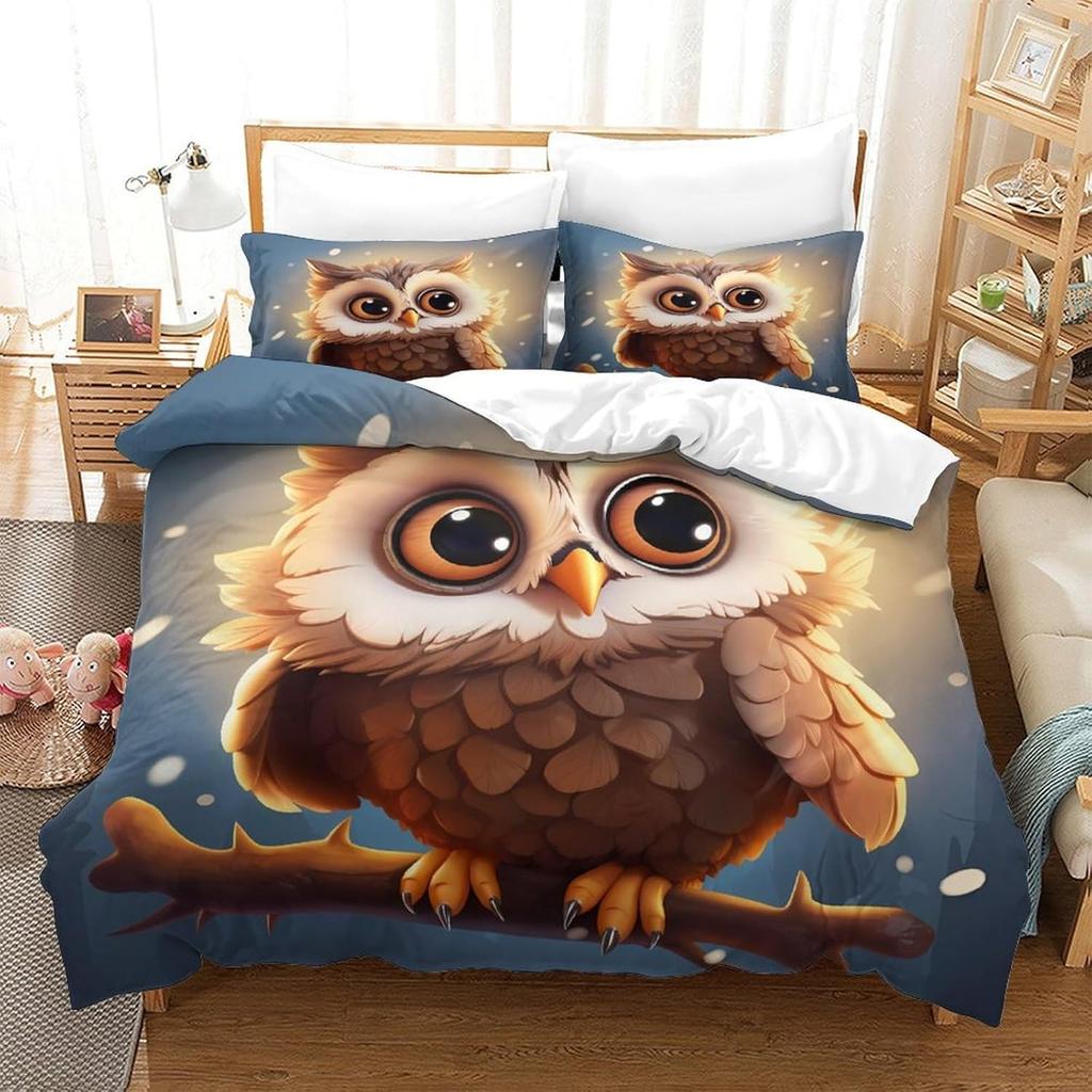 3D Owl Print Duvet Cover Set,Animal Style Children Bedding Sets with Zipper Closure, Soft Comforter Microfiber Owl Quilt Cover