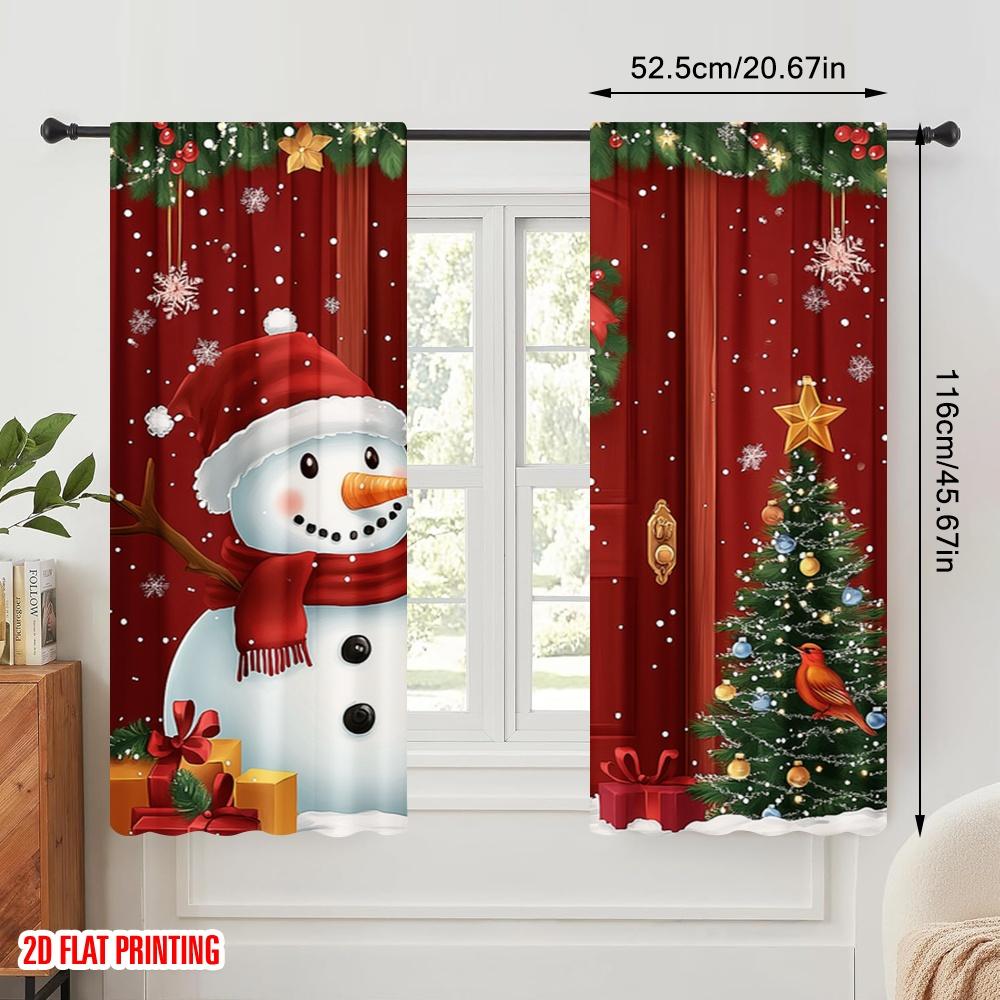 2pcs,2D Plane Printing Curtains&Window Treatment Cute Snowman Christmas Greeting 100% Polyester (without Rod) Art Deco Festive