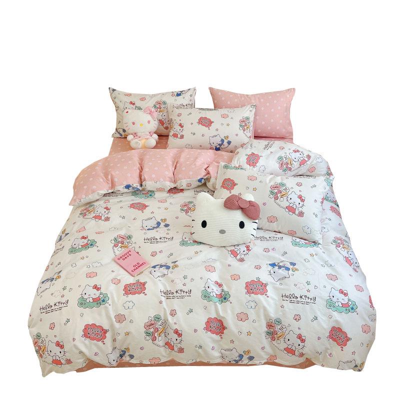 Hello Kitty All-Cotton Cute Cartoon Girl Fitted Sheet & Duvet Set - 4-Pc Dorm Style