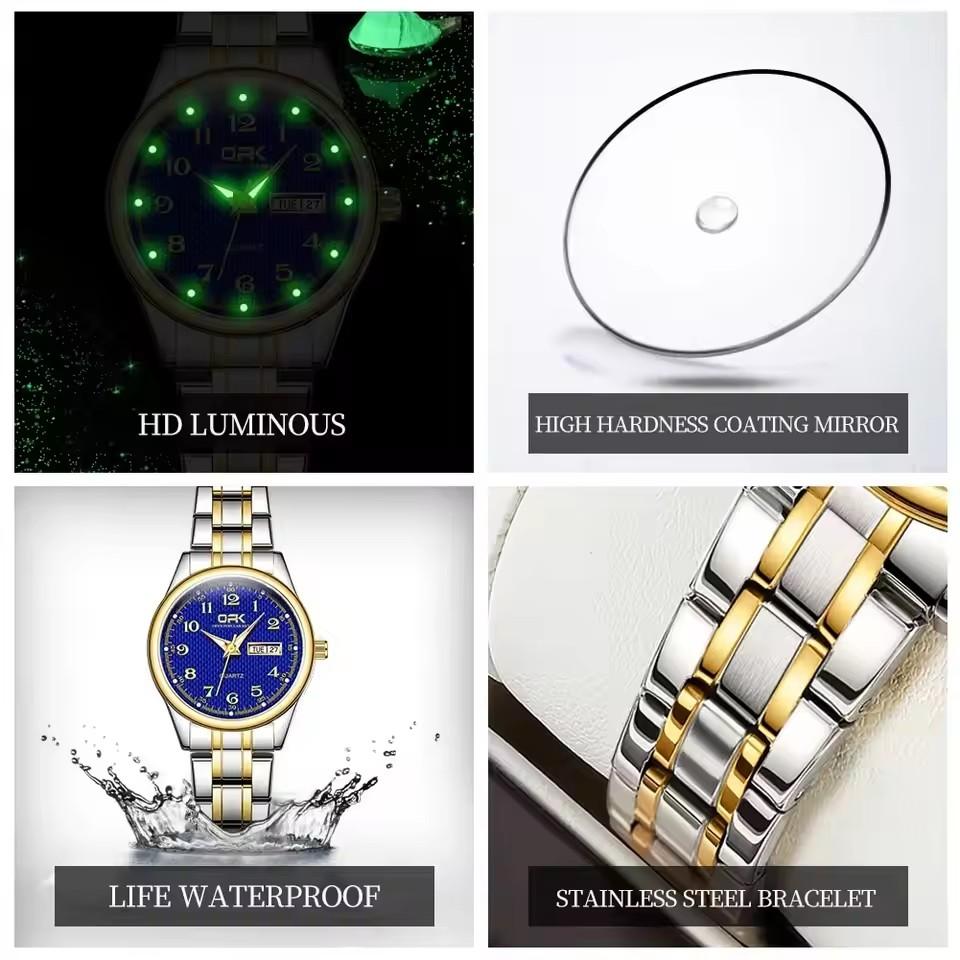 OPK Luxury Quartz Watch for Women Elegant Stainless Steel Watch Luminous Waterproof Dual Calendar Wristwatch Ladies Dress Watch