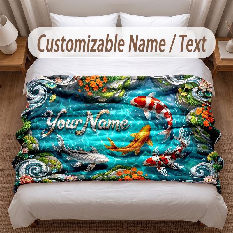 Koi Fish Theme Soft Blanket Personalized Custom Name Text Print Warm Blanket Home Sofa Bedroom Decor