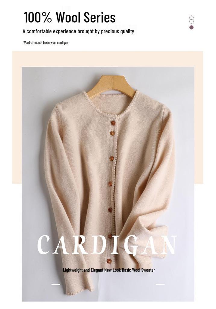 Women's Round Neck Wool Cardigan - Autumn/Winter Solid Color, Versatile & Temperament, Seven-Needle Thick Knit Sweater