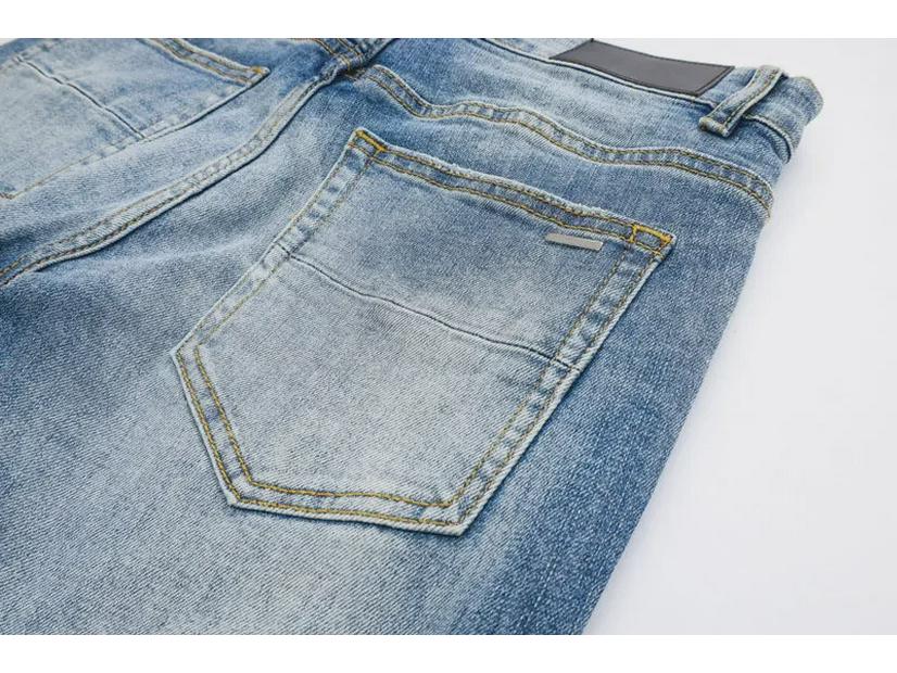 Men's Light Blue Ripped Patch Slim Fit Jeans - Hip Hop Style, Slightly Elastic, European & American High-Street Fashion
