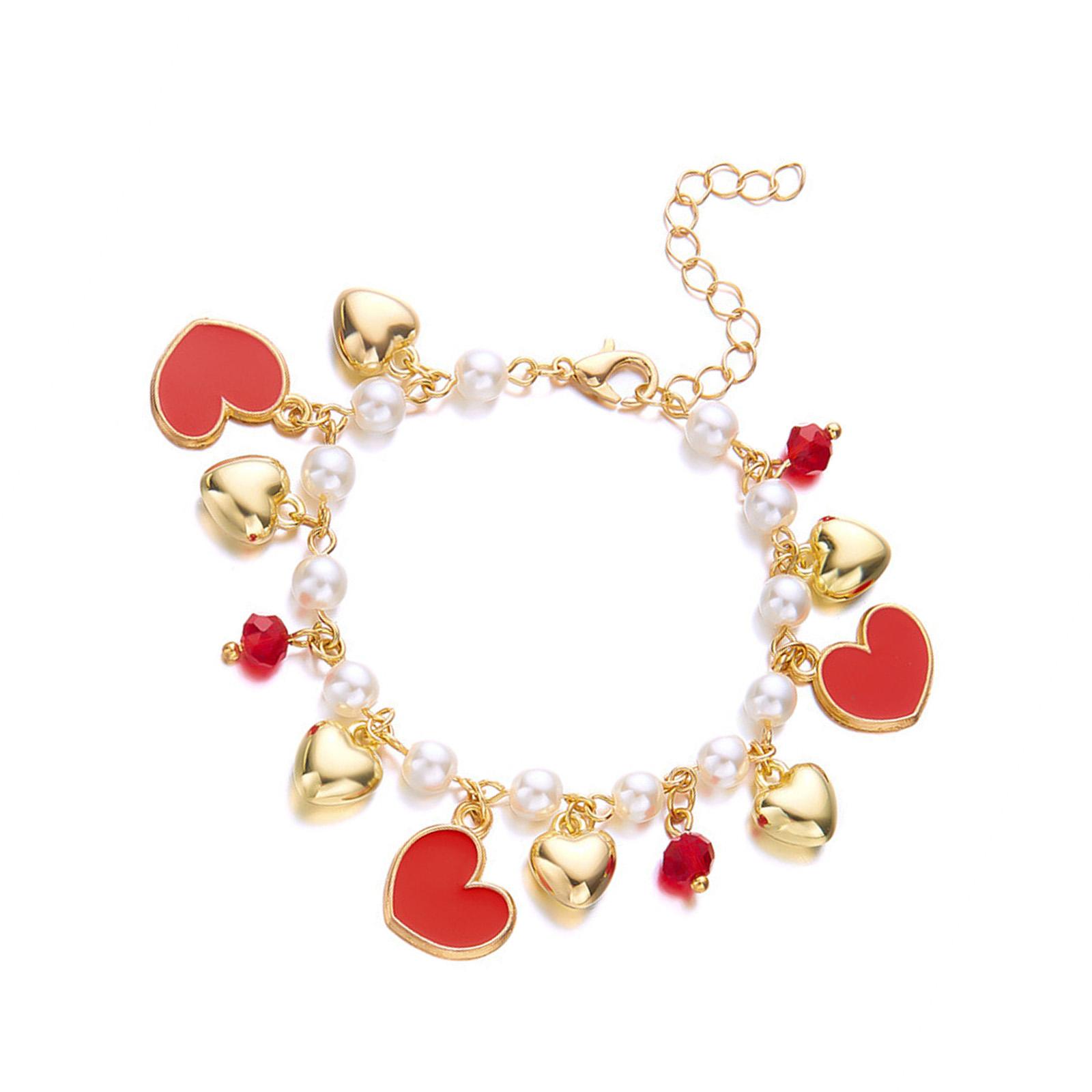 

Fashionable Women s Adjustable Pearls Beaded Bracelet with 3D Strawberry Cherrys Heart Designs Jewelry Accessory