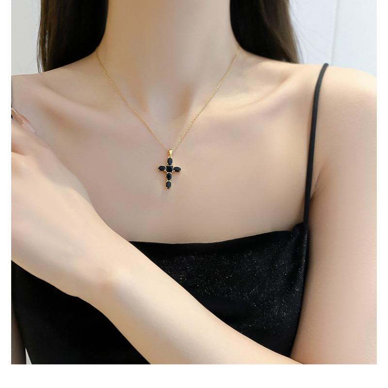 Gold Plated Zircon Cross Pendant Titanium Steel Clavicle Necklace For Women