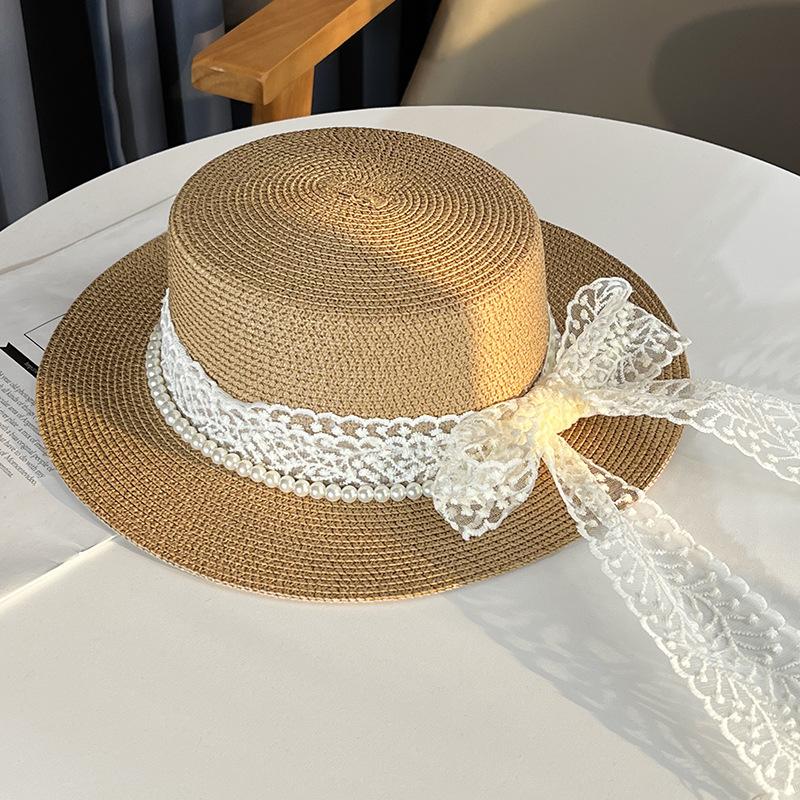 Pălărie de paie cu perle și dantelă nouă, pălărie de soare de vară pentru femei, pălărie de plajă cu protecție solară, pălărie plată