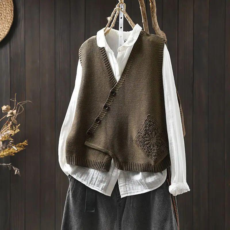Spitzen-Patchwork V-Ausschnitt Strickweste aus Baumwolle Offener Cardigan Damen Locker Übergröße Herbst Layering Schulterpolster-Design Pullover