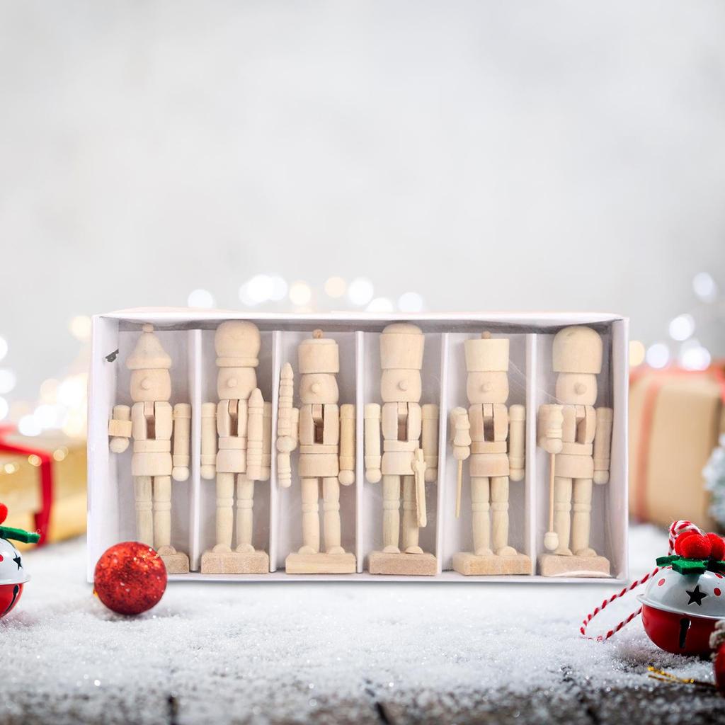 6 Pieces DIY Wooden Christmas Nutcrackers Desktop Ornaments Paintable Kids Crafts