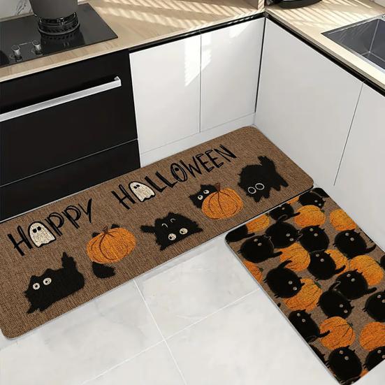 huaqianguhh 2Pcs/Set Halloween Kitchen Rugs, Anti Slip Absorbent Floor Mats, Pumpkin Black Cat Ghost Designs, Decorative Rugs for Living Room Bathroom