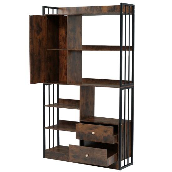 Tall Bookshelf Bookcase 6 Shelf Bookcase with Doors And Drawers Floor Book Display To Ceiling Industrial Steel Shelf Brown Standing