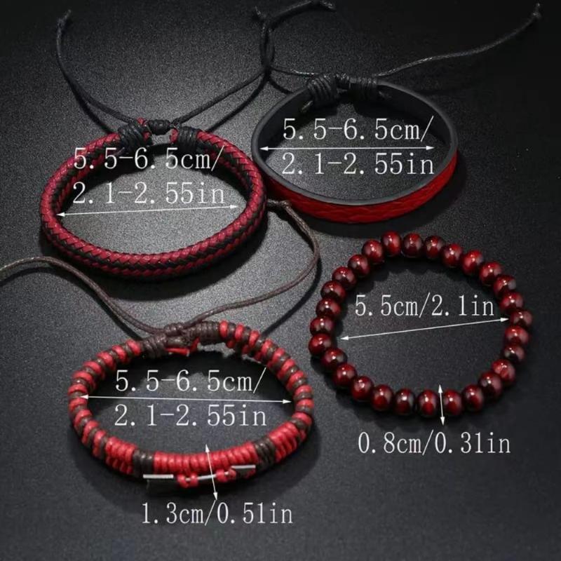 4Pcs/Set  Vintage Men'S Leather Bracelet Cupid'S Arrow Wooden Beaded Leather Hand Woven Retro  Bracelets For Men