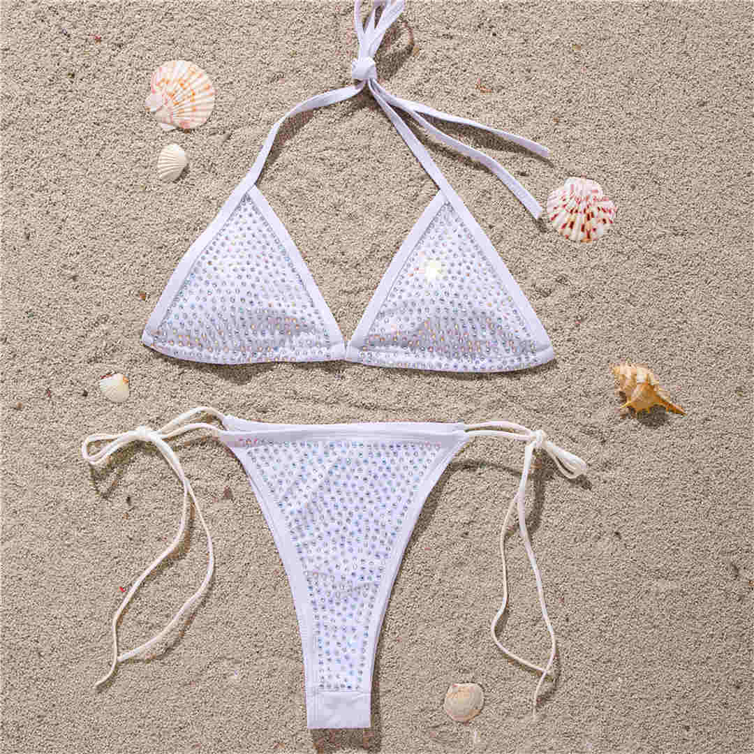 

Bling горный хрусталь бикини женский купальник женский купальник из двух частей комплект бикини Холтер бразильский купальный костюм S белый