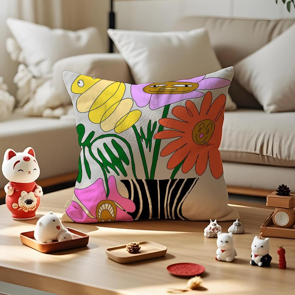 Cute Retro Illustration Cushion Cover Anti-dustmite Pillowcase Invisible Zipper Silky Short Plush Sofa Cushion Cover