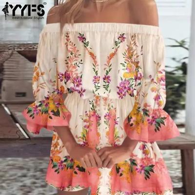 Women's Fashion Summer Spring Flower Pattern Print Short Sleeve One Shoulder High Waist Casual Dresses