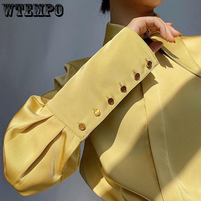 WTEMPO Elegante Umlegekragen Seidenhemden Damen Frühling Vintage Satin Blusen Damen Weiß Langarm Knöpfe Tops