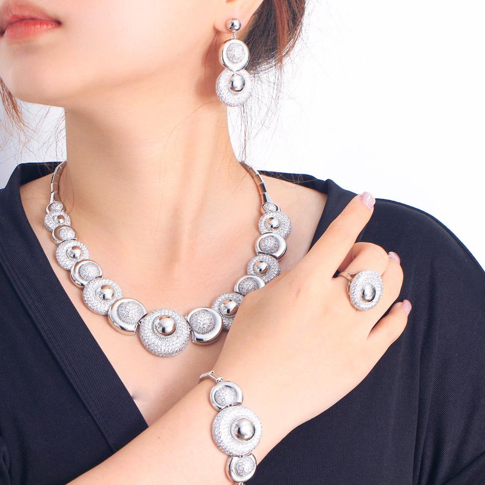 Luxury Full Diamond Set Chain Knot Wedding Dress Banquet Zircon Necklace Earrings Bracelet Ring Four-Piece Set