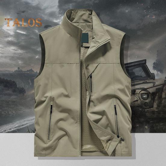 Pánská vesta stojáček límec bez rukávů vesta se zapínáním na zip kabát s velkými kapsami jednobarevná outdoorová rybářská vesta