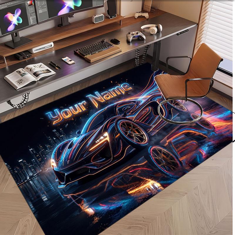 Auto-Rennsport-Thema Weicher Kristall-Samt Teppich Benutzerdefinierter Name & Text Druck Rutschfester Boden Teppich für Schlafzimmer Wohnzimmer