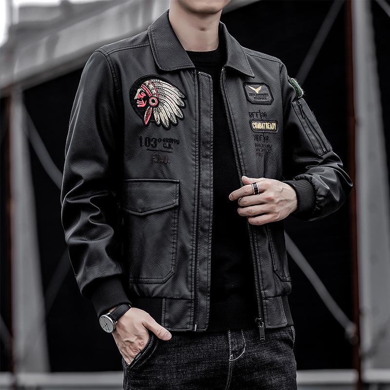 European and American men's PU leather jacket men's lapel embroidered locomotive clothing spring and autumn men's casual trendy leather jacket