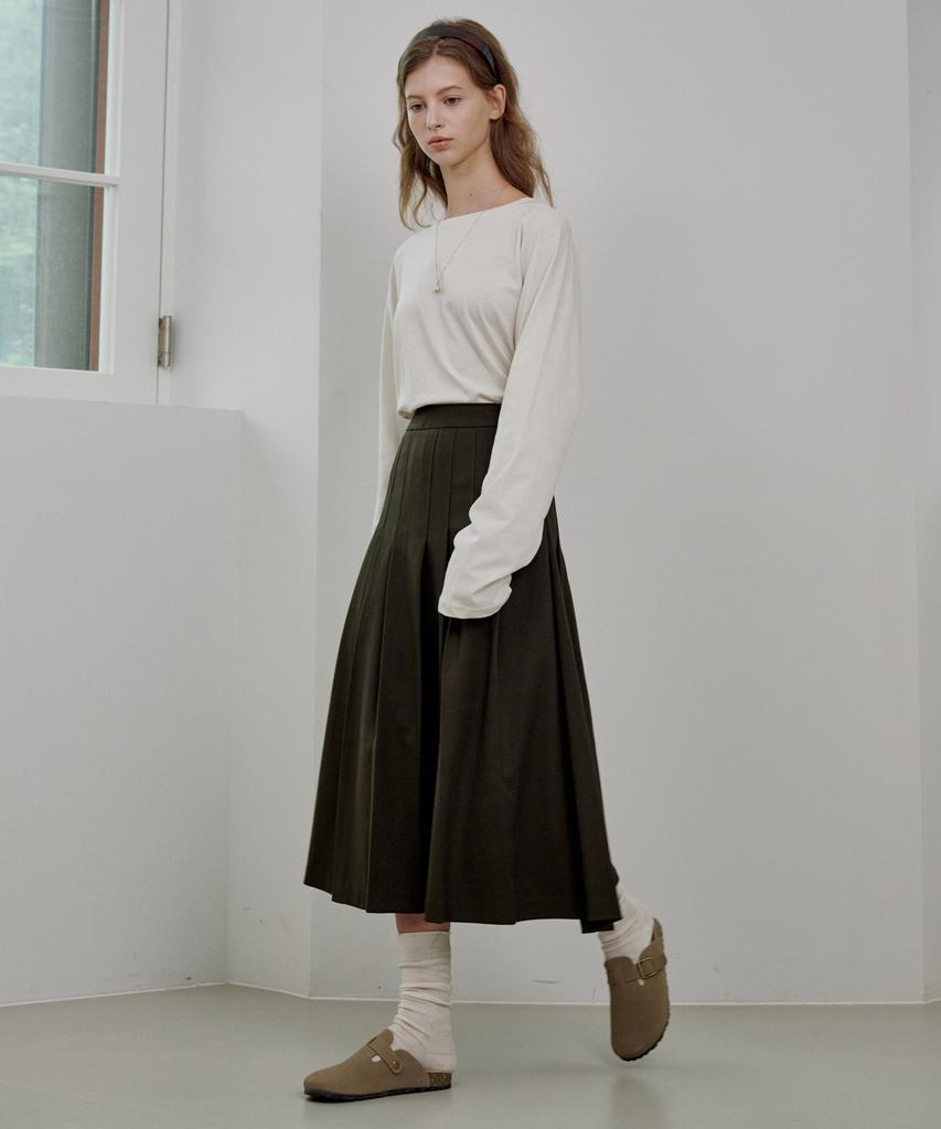 Rosiro Midi Pleated Skirt Khaki
