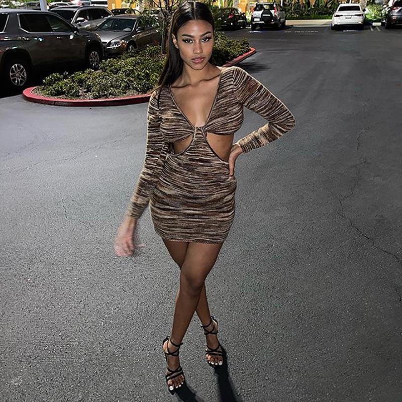 JH5906 European & American Women's Sexy V-Neck Hollow Ribbed Long-Sleeve Dress