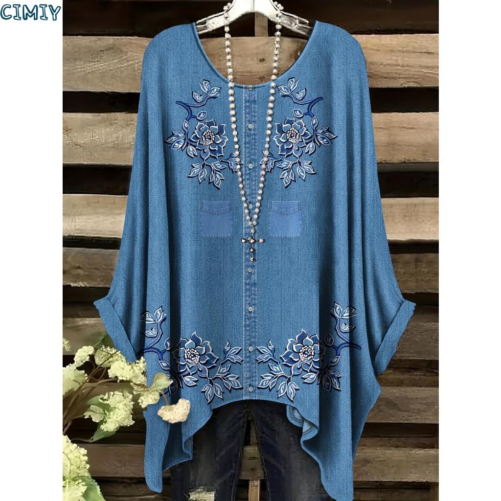 Elegante Blumenmuster-Bluse für Damen - Hellviolett mit weißen Blumen Langarm Rundhalsausschnitt Perfekt für Frühling & Herbst