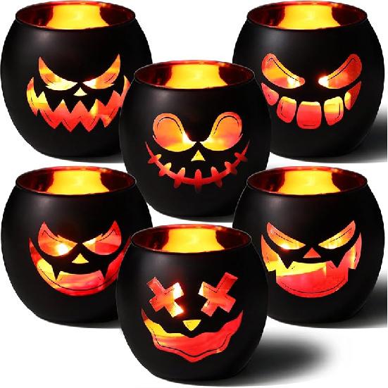 Halloween Table Decor Set of 6, Jack O Lanterns Black Glass Votive Tealight Candle Holders, Halloween Decorations Indoor Party Mantel Coffe Table