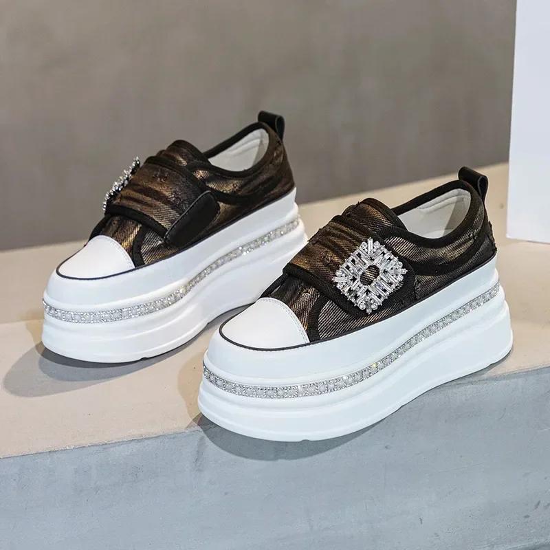 Fashion 6CM Denim Diamond Platform Wedge Genuine Leather Casual Spring Summer Autumn Comfy High Brand Chunky Sneakers Hidden Heels Shoes