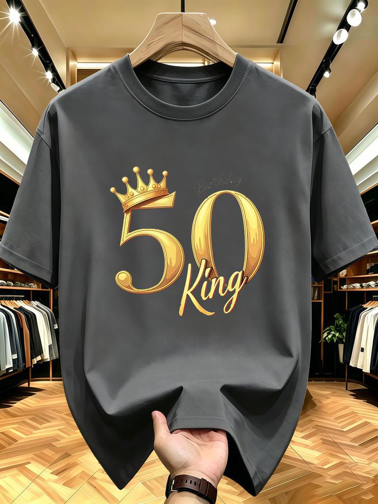 Unisex O Neck Tee 50 Birthday King Crown Print Cotton Short Sleeve Loose Summer Street Breathable Daily Casual Basic Wear Top