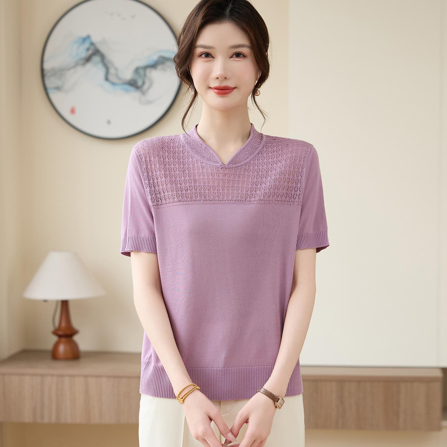 

Mother s Day Elegant Summer Ice Silk Short Sleeve Top for Middle-Aged Women 4XL (for 135-150 kg) фіолетовий