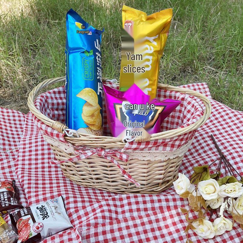 Woven Wicker Picnic Basket Handbag with Handle - Pastoral Style Fruit Storage E18