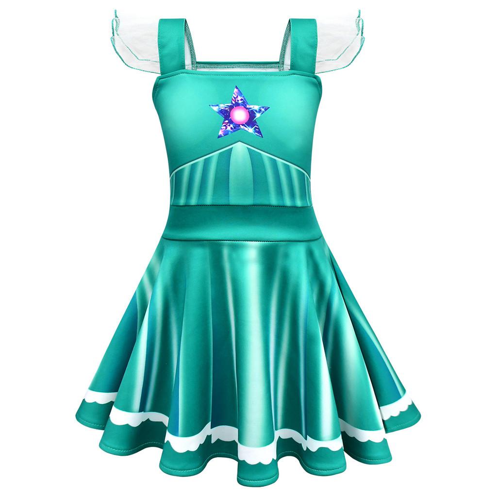 

83047 Kids Girls Princess Rosalina Print Mesh Sleeves Dress 100cm зелёный