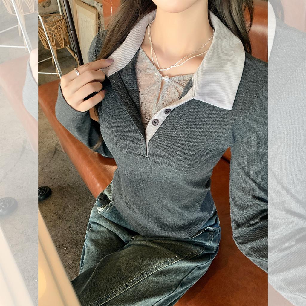 Dark gray fake two-piece POLO collar long-sleeved T-shirt women's autumn new versatile slim-fitting and thin contrasting top