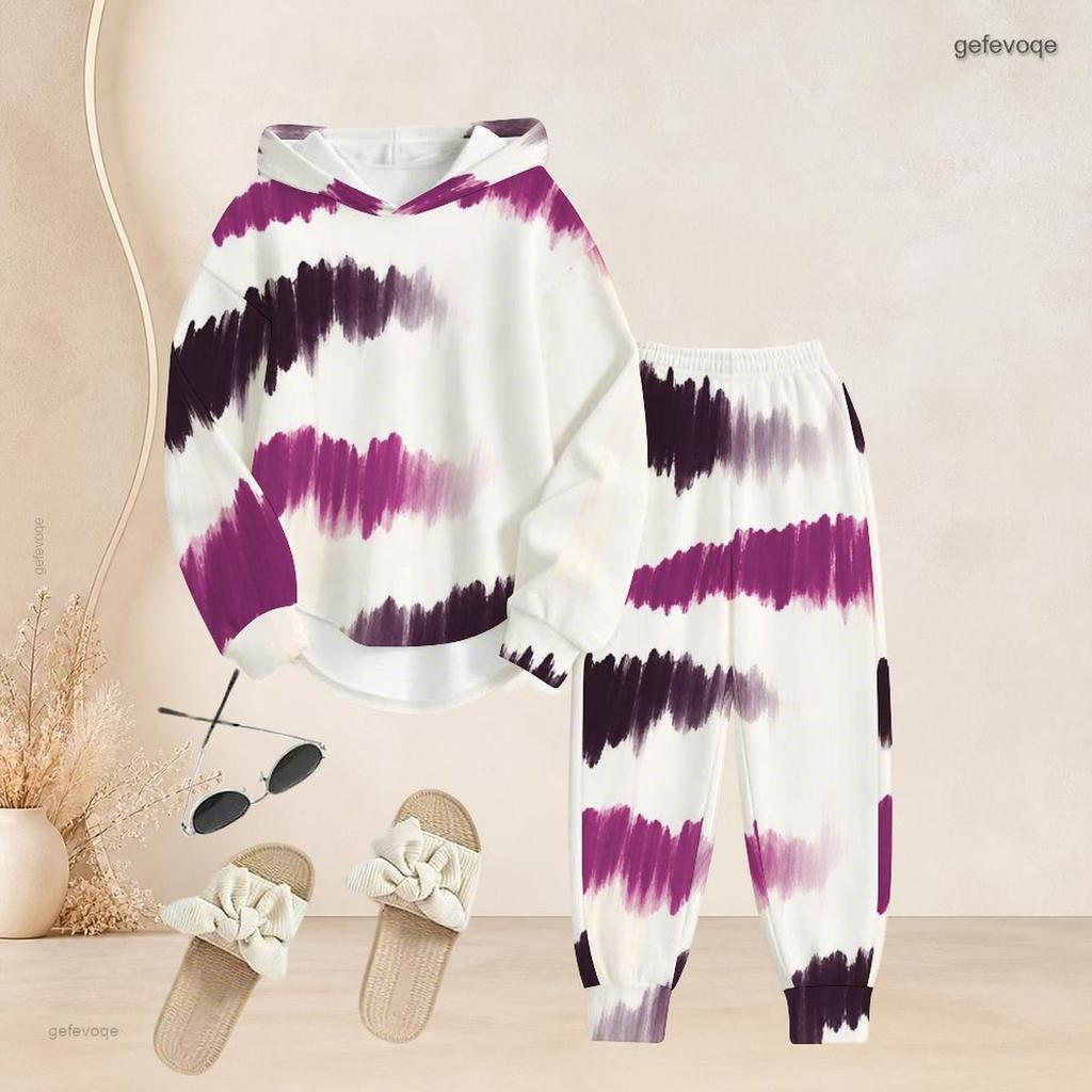 Women Plus Size Blue Printed Two Piece Pants Set Hooded Long Sleeve Top Cuffed Pants