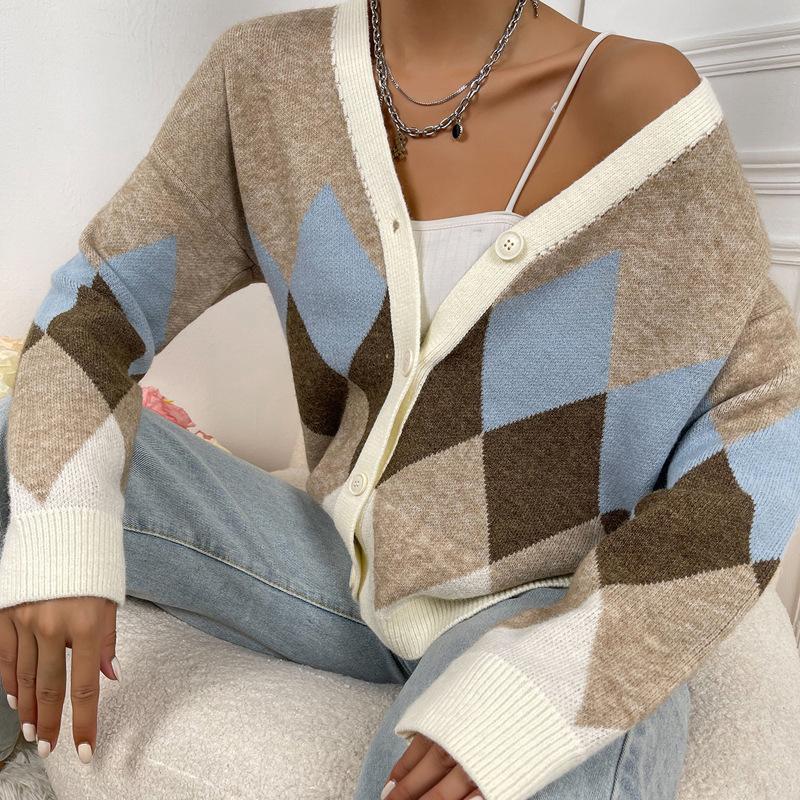 Women S V Neck Long Sleeve Loose Fit Geometric Pattern Knit Cardigan Sweater