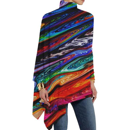 Fall Spring Women Top Colorful Artistic Print High Collar Loose Irregular Hem Long Sleeve Mid Length Pullover Soft Colorfast Casual Lady Blouse