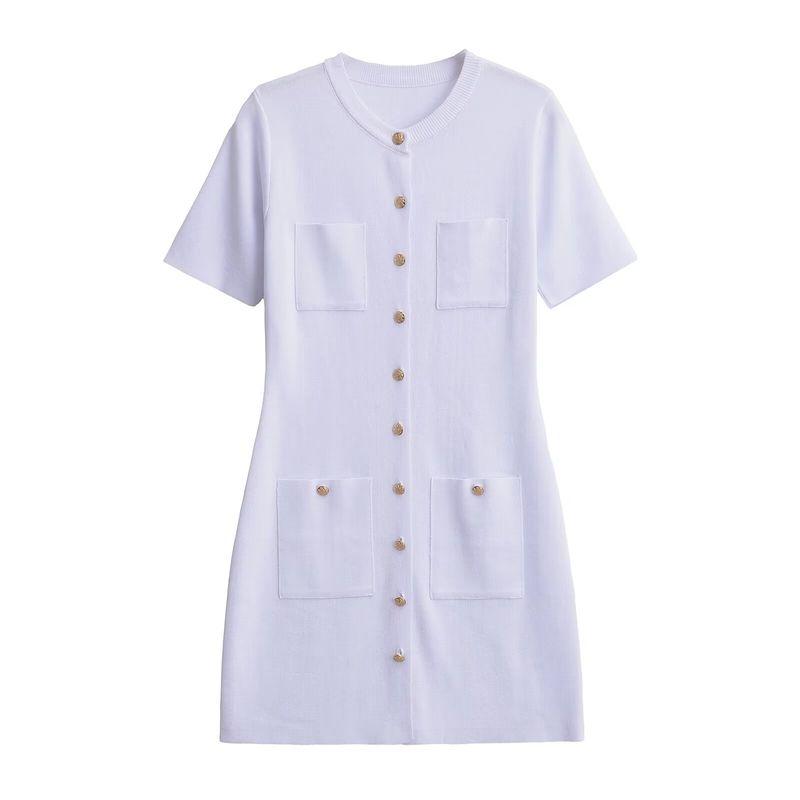 Kaslead New Arrival Women's Clothing Fashion Style Fashion Solid Color Buttons Knitting Short Sleeve Dress 3471011