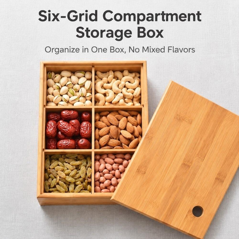 Bamboo Divided Nut Tray 6 Grid Lidded Dried Fruit Container  Festive Food Display
