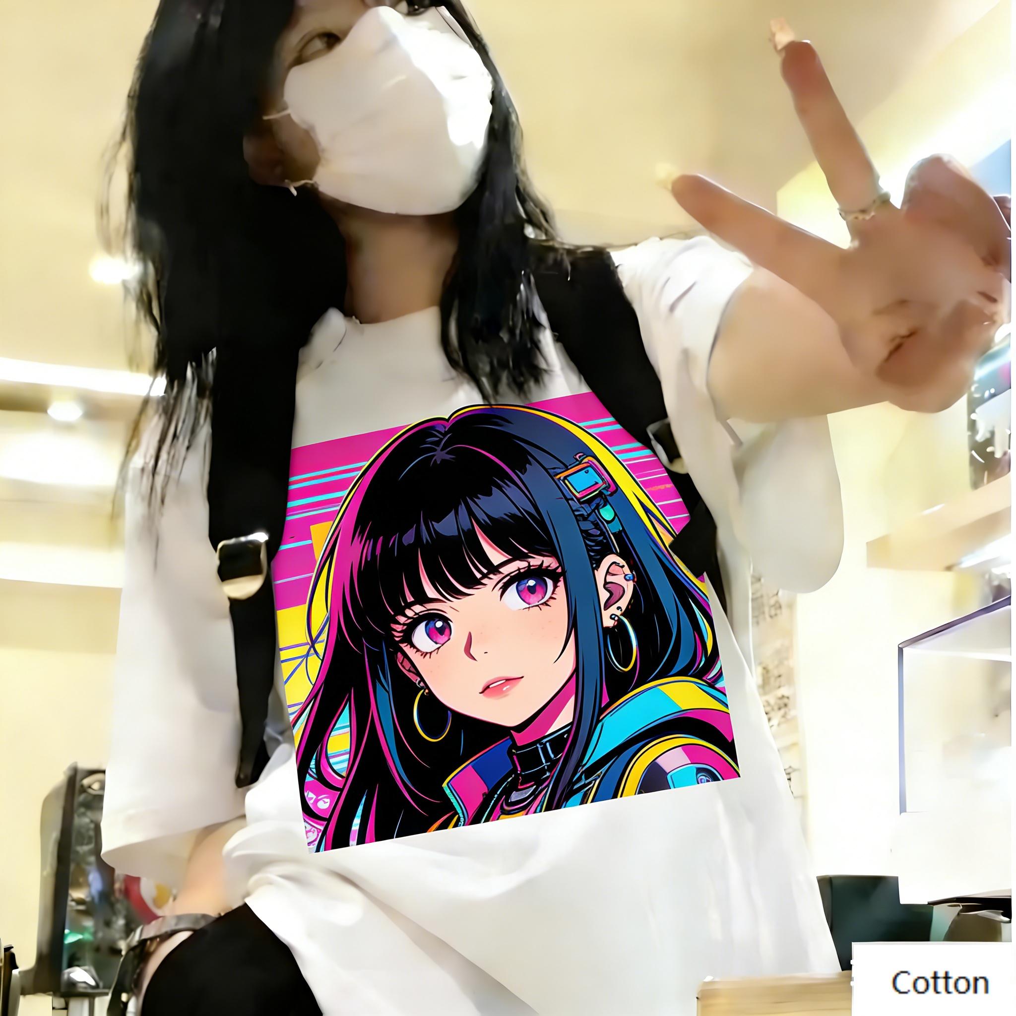 

Streetwear Unisex Cotton TShirt Featuring Edgy Gradient Hair Anime Girl Design 90s Pop Art Style Top for Trendy Individuals S
