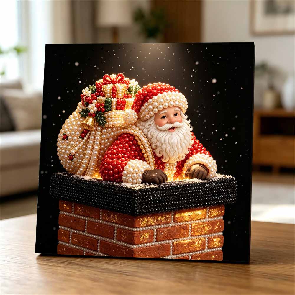 Framed Pearl Art DIY Kit with Santa Claus Chimney Pattern 3D Sparkling Bead Canvas Painting Handmade Gift for Home Decoration Wall Art