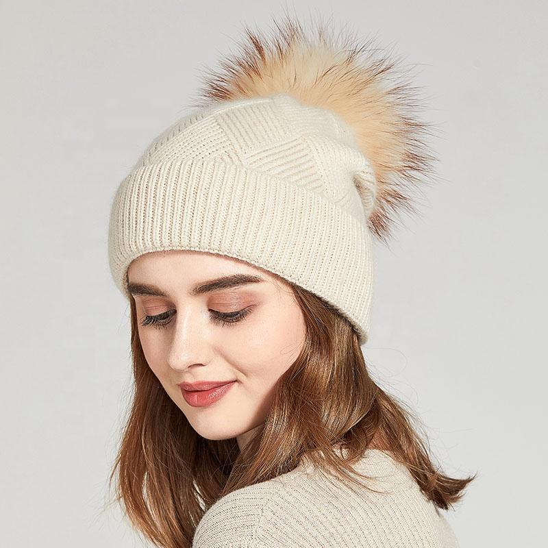 Winter Women Fur Pom Pom Knitted Beanie Hats  Warm Wool Cashmere Beanie Bobble Hat Factory