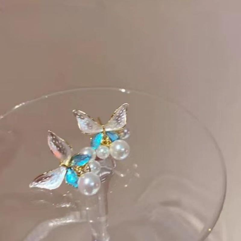 S925 Silver Needle Blue & White Butterfly Earrings: Elegant, Fashionable, Versatile Jewelry