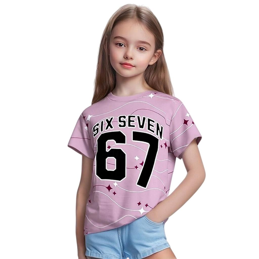 New 67 Meme T-Shirt for Boys Girls Fashion Splashed Ink 3D Print Girl Short Sleeve Tees Round Neck Top Loose Children's Clothing