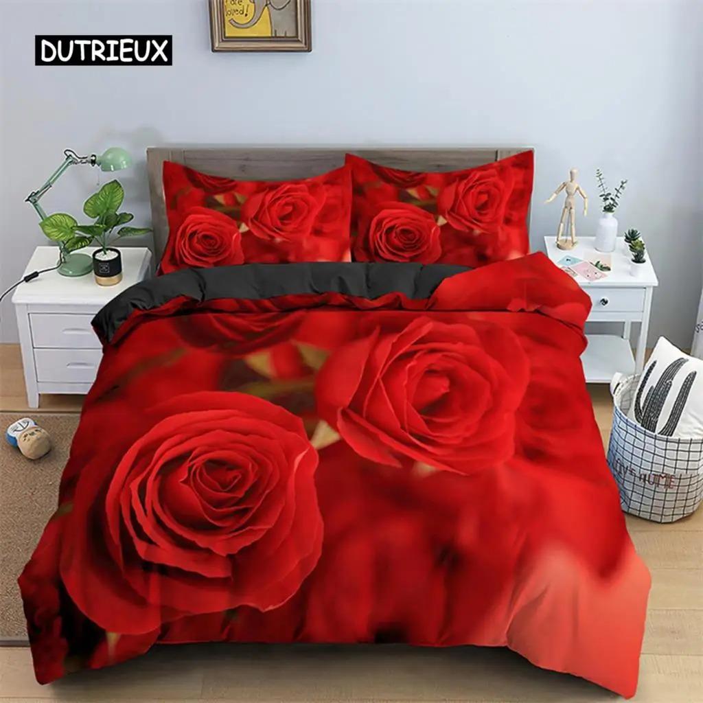 Rose Duvet Cover Set Microfiber Pink Heart Rose Romantic Flower Theme Bedding Set For Lovers Double Queen King Size Quilt Cover