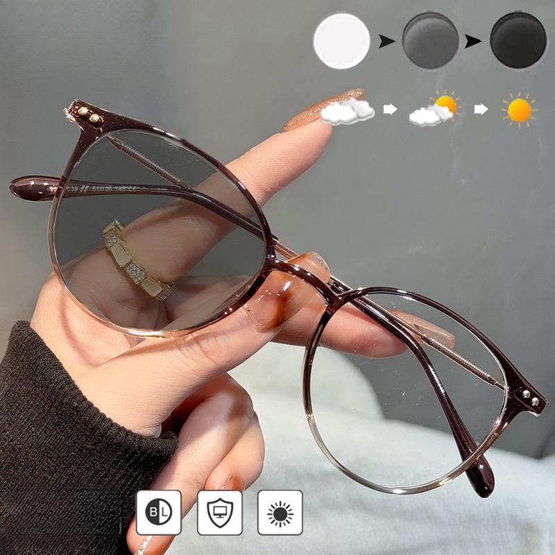 Pochromic Outdoor Fashion Glasses  Unisex Stylish Round Frame with Metal Hinges Transition Lenses for Indoor & Outdoor Use