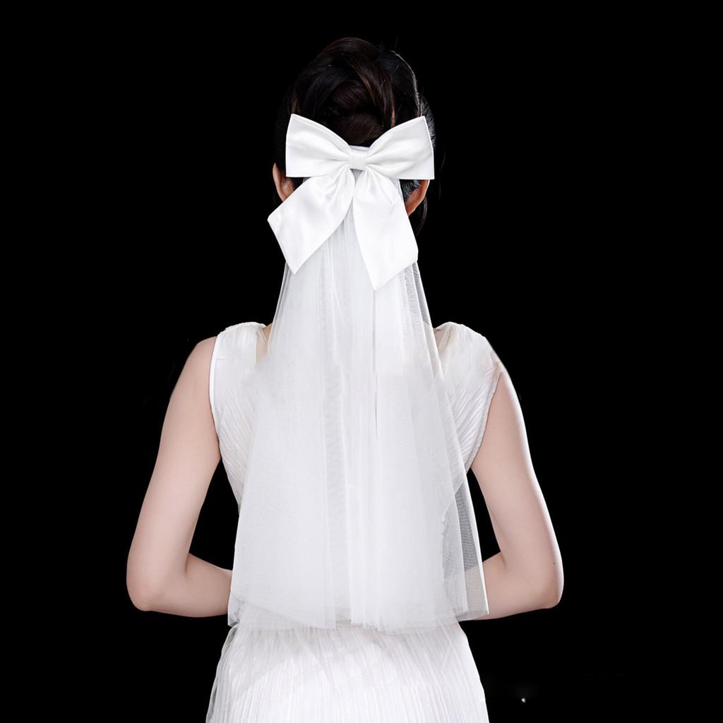 Ślubny Welon Koronkowy Damski Warstwowy Tiul Wieczór Panieński Welon Ślubny z Perłą/Kokardą na Wesele