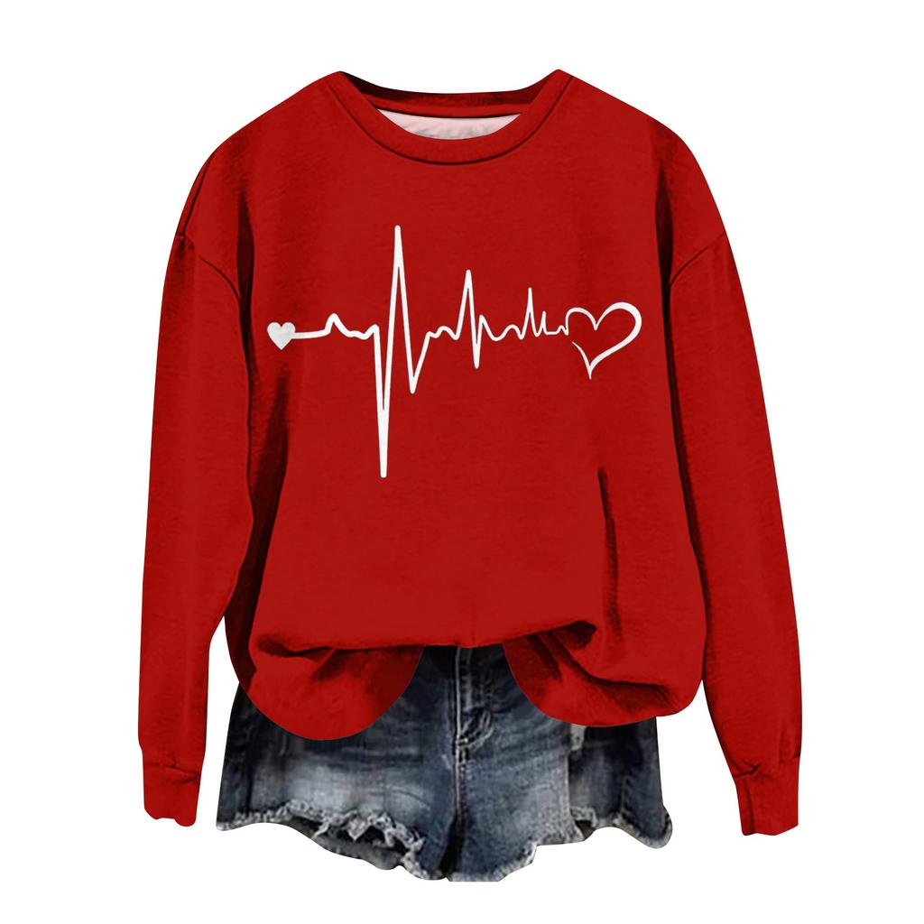 Damenmode Valentinstag Bedrucktes Langarm Locker Rundhals Sweatshirt Oberteil Herbst