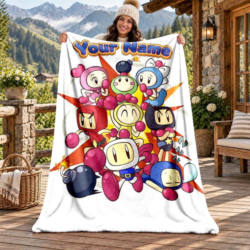 Bomberman Custom Name Flannel Blanket Personalized Soft Warm Plush Throw Blanket Customized Gift for Family Friends
