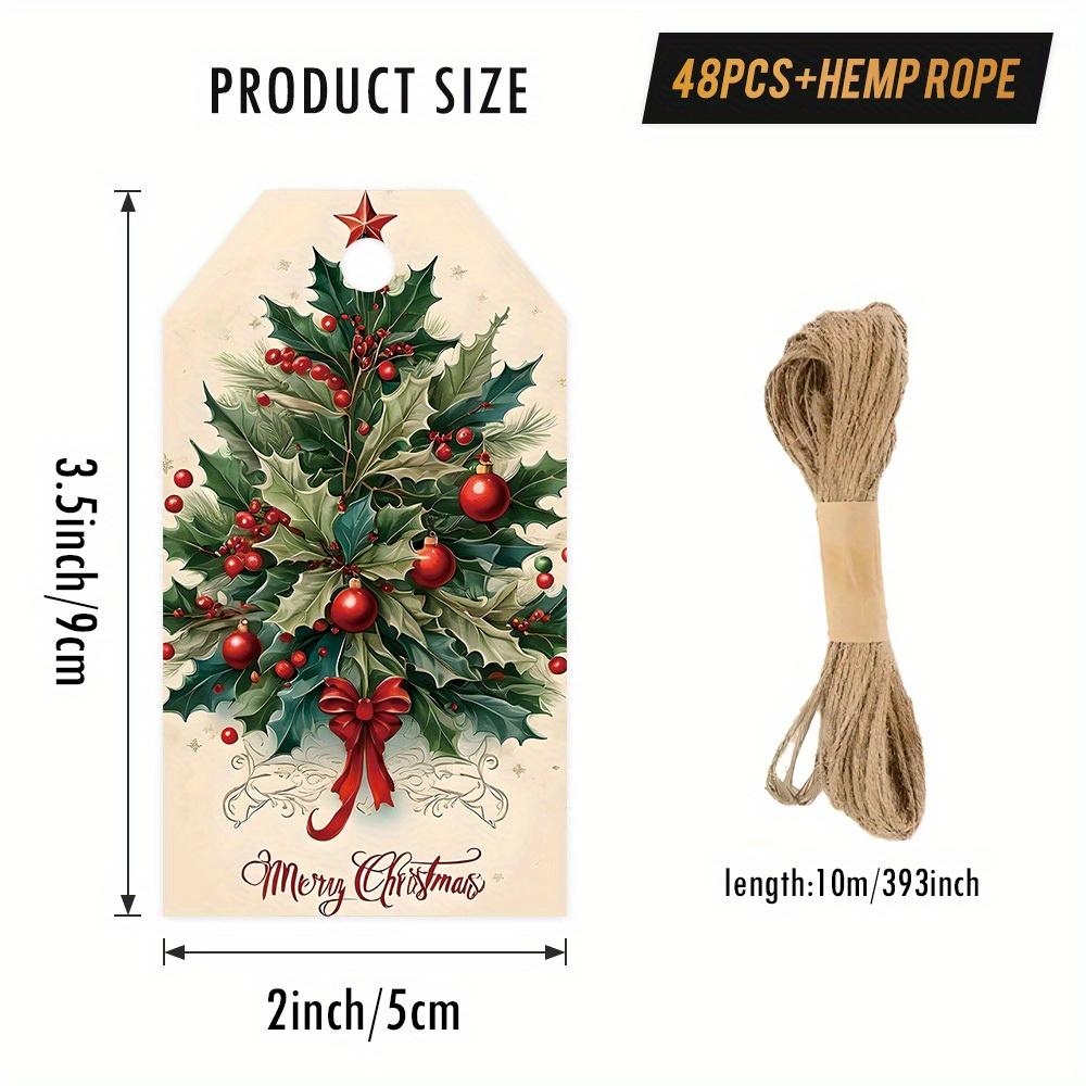 

48 шт. Винтажные рождественские подарочные бирки с пеньковой веревкой, классические праздничные бирки, украшения для елки, этикетка для упаковки подарков, украшение для вечеринки 9x5cm